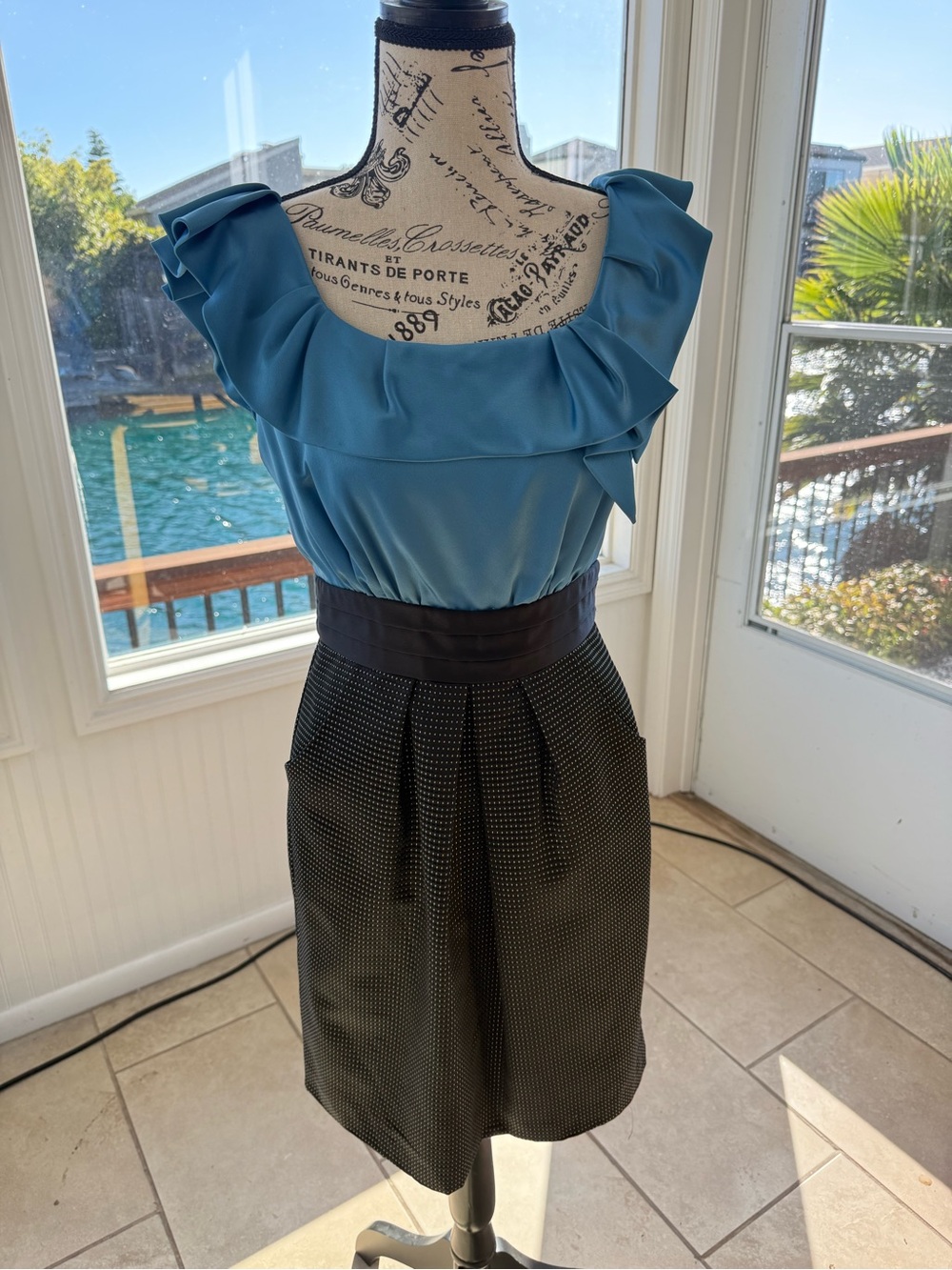Max & Cleo Teal and Black Ruffled Waist Dress